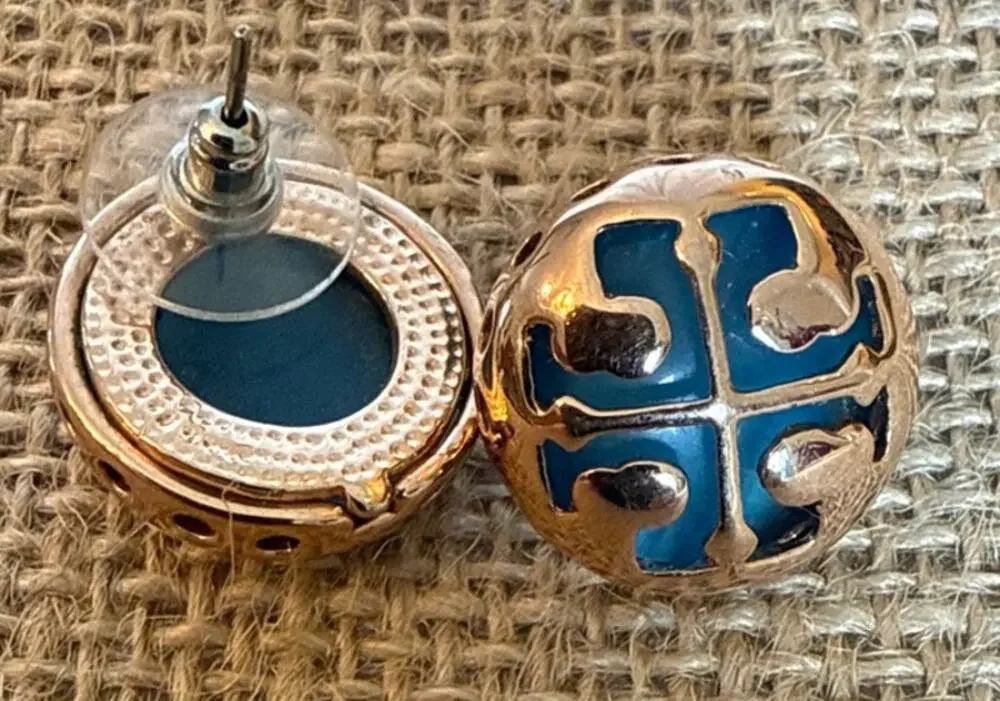 Tory Burch Miller Stud Earrings – Rose Gold & Blue Enamel Logo Corporate